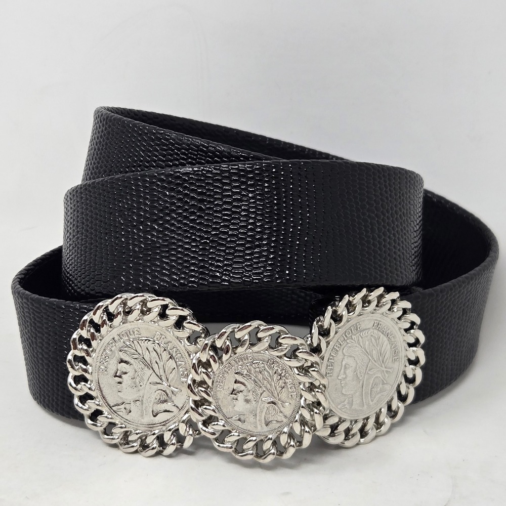 Vintage 1989 Mimi Di N Black Lizard Embossed Belt Triple Silver Coin Buckle 36"